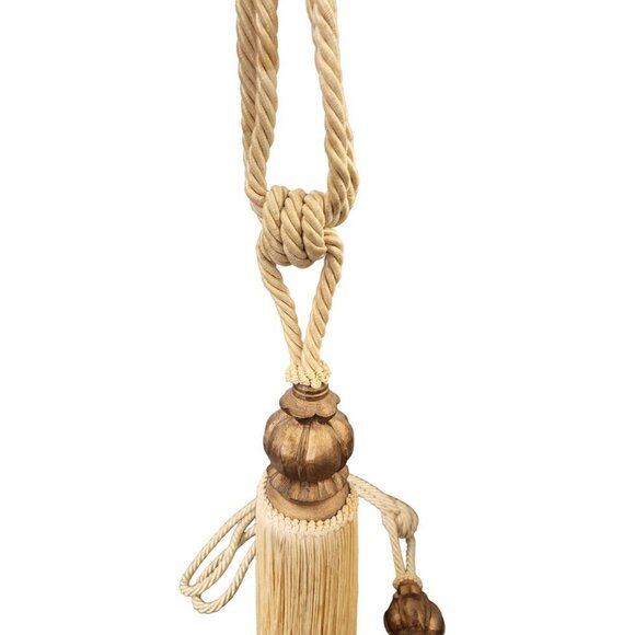 Elegant Beige Curtain Tiebacks With Wooden Crown Bead with Tassel Ends & Rope Lo - Picture 5 of 8